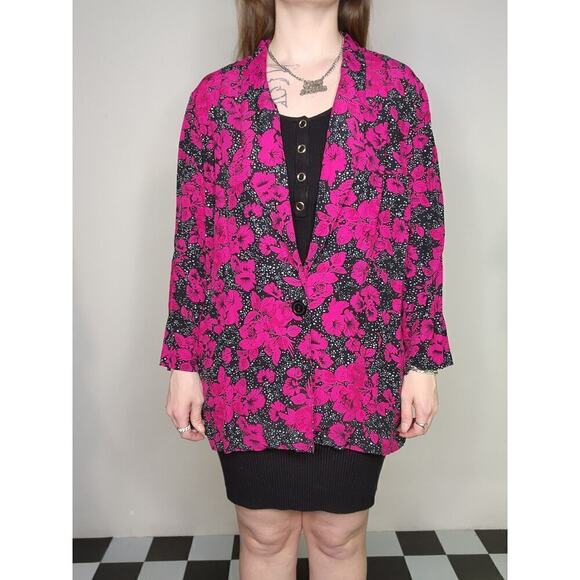 80s Vtg Pink Floral Black White Polka Dot JP Collection Long Sleeve Blazer Sz L - Picture 6 of 9